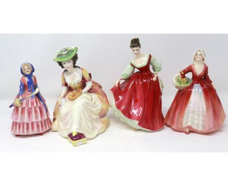 Four Royal Doulton figurines, Kathleen HN 2933, Fair Lady HN 2832, Janet HN 1537 and Biddy HN 1513, all no cracks or chips, H