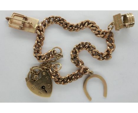 9ct gold flatlink gold charm bracelet with three charms and padlock clasp, L: 18 cm, 17.8g. P&amp;P Group 1 (£14+VAT for the 