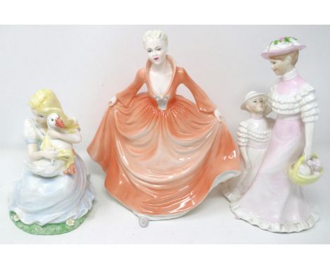 Three Coalport figurines, The Goose Girl, Grand Entrance and Springtime, largest H: 22 cm, no cracks or chips. P&amp;P Group 