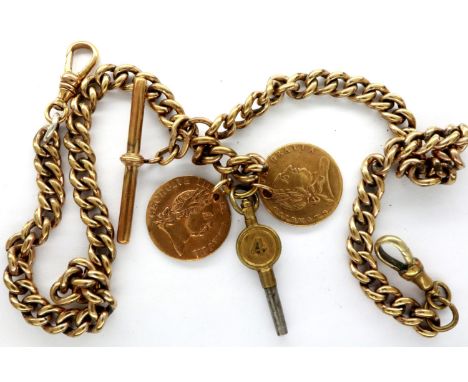 Gold plated double Albert watch chain, L: 40 cm. P&amp;P Group 1 (£14+VAT for the first lot and £1+VAT for subsequent lots) 