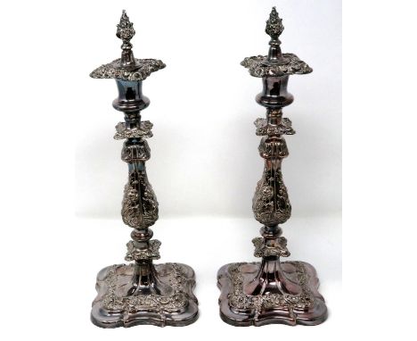 Pair of silver plated candlesticks with filigree decoration and flame form toppers, H: 38 cm. P&amp;P Group 3 (£25+VAT for th