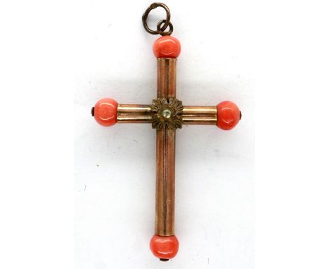 Victorian cross pendant with coral mounts, L: 40 mm. P&amp;P Group 1 (£14+VAT for the first lot and £1+VAT for subsequent lot