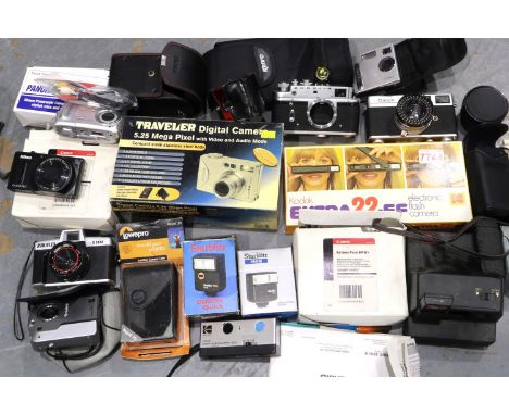 Mixed cameras and accessories including a Polaroid Impulse, Nikon Coolpix and boxed examples, all damaged and untested. P&amp