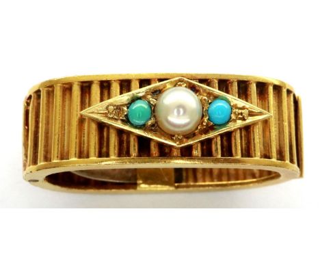 15ct gold seed pearl and turquoise mounted scarf clip, L: 25 mm, 4.9g. P&amp;P Group 1 (£14+VAT for the first lot and £1+VAT 