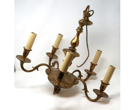 Large five sconce heavy brass ceiling light, H: 52 cm. P&amp;P Group 3 (£25+VAT for the first lot and £5+VAT for subsequent l