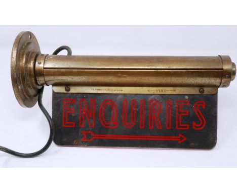 Vintage brass directions sign for enquiries, red levelling on glass illuminated sign by Flambosign, L: 33 cm. Small crack to 
