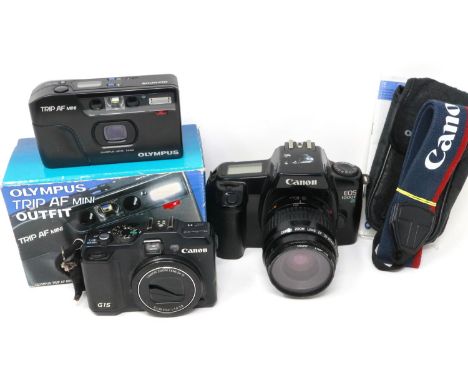 Canon EOS 1000FN, Canon G15, digital Olympus TRIP AF Mini and a Canon camera strap (4). P&amp;P Group 2 (£18+VAT for the firs