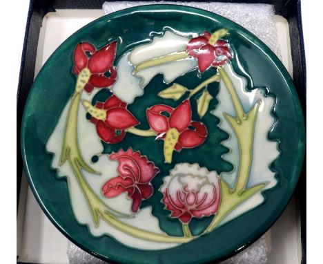 Moorcroft Rachel Bishop pin dish, boxed, D: 12 cm, no cracks or chips. P&amp;P Group 1 (£14+VAT for the first lot and £1+VAT 