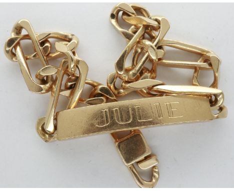 Presumed 9ct gold identity bracelet, inscribed Julie, L: 21 cm, 16.1g. P&amp;P Group 1 (£14+VAT for the first lot and £1+VAT 