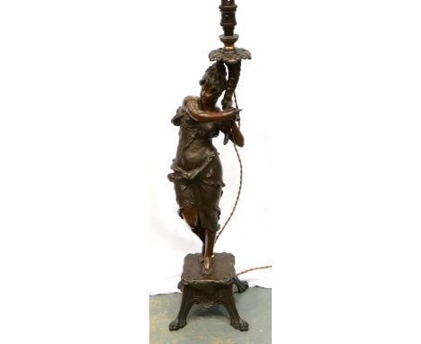 Large spelter figural lamp, H: 62 cm, no visible damages/restoration to figural base, features are well defined and detailed,