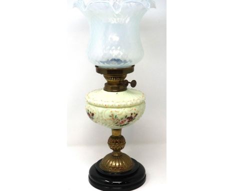 Victorian paraffin lamp with milk glass reservoir, H: 60 cm. Not available for in-house P&amp;P 