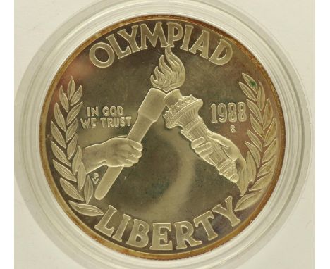 United States Mint 1988 Olympics commemorative silver 1oz coin, boxed. P&amp;P Group 1 (£14+VAT for the first lot and £1+VAT 