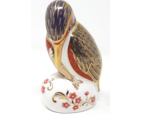 Royal Crown Derby kingfisher paperweight with silver stopper, H: 12 cm, no cracks or chips. P&amp;P Group 1 (£14+VAT for the 