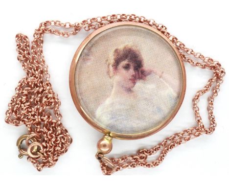 9ct rose gold pendant necklace featuring a portrait of a young lady, chain L: 54 cm, 3.2g. P&amp;P Group 1 (£14+VAT for the f