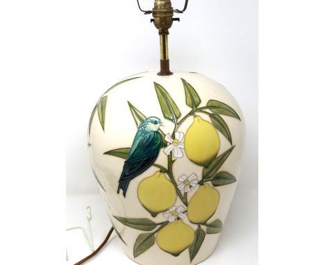 Large Moorcroft lamp base in the Finches and Lemons pattern, overall H: 68 cm, no chips or cracks, no crazing to piece, lamp 