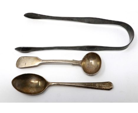 Pair of Georgian hallmarked silver sugar tongs, Victorian mustard spoon and another, London assay, combined weight 56g. P&amp