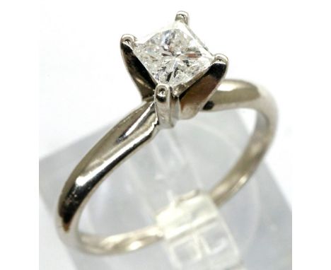 14ct white gold solitaire diamond set ring, princess cut diamond approximately 0.33cts, size J/K, 2.2g. P&amp;P Group 1 (£14+