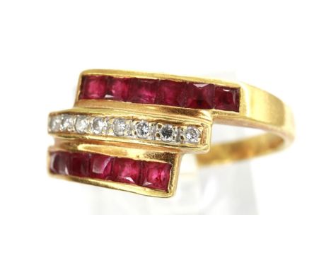 18ct gold, diamond and ruby set ring, size P/Q, 3.2g. P&amp;P Group 1 (£14+VAT for the first lot and £1+VAT for subsequent lo