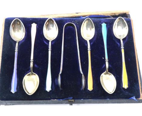 Six enamelled and silver plated teaspoons, and a pair of hallmarked silver sugar tongs. P&amp;P Group 1 (£14+VAT for the firs