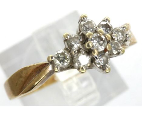 9ct gold diamond set cluster ring, size P/Q, 2.5g. P&amp;P Group 1 (£14+VAT for the first lot and £1+VAT for subsequent lots)