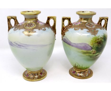Pair of Noritake twin handled vases, H: 18 cm, slight wear to gilt and pattern, otherwise good. P&amp;P Group 2 (£18+VAT for 