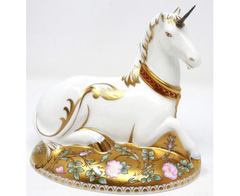 Royal Crown Derby paperweight with gold stopper, Mythical Unicorn, L: 15 cm, no cracks or chips. P&amp;P Group 1 (£14+VAT for