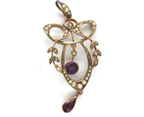 Art Nouveau style 9ct gold seed pearl and amethyst mounted pendant, H: 50 mm, 3.3g. P&amp;P Group 1 (£14+VAT for the first lo