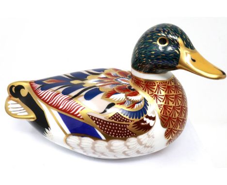 Royal Crown Derby mallard duck paperweight with silver stopper, H: 10 cm, no cracks or chips. P&amp;P Group 1 (£14+VAT for th