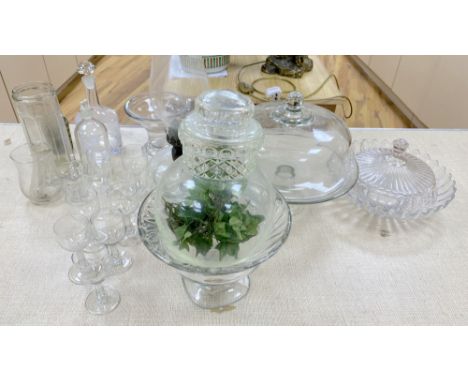 A mixed quantity of glass including a large oil lamp, reservoir and chimney