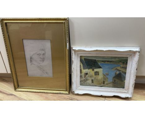 English School c.1900, pencil drawing, Study of a North African woman's head, 20 x 18cm and an oil sketch of a fishing villag