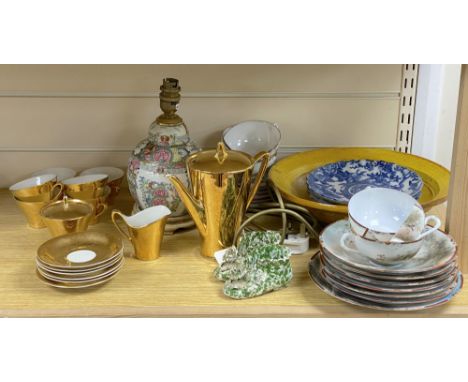 A Chinese famille rose lamp, a German gilt coffee set and sundries