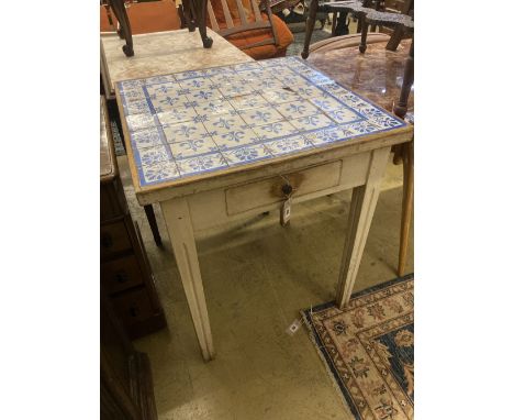 A Continental painted tile top table, width 71cm depth 70cm height 78cm