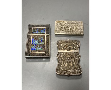 Two Chinese white metal filigree card cases, one with enamel(a.f.) &amp; an Indian white metal snuff box, largest 91mm.CONDIT