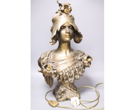 A bronze bust of a lady titled 'Alome', converted to a lamp, height 62cm