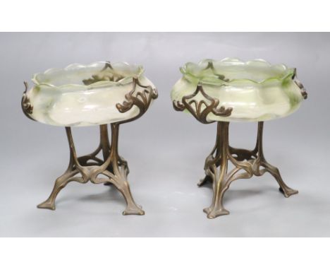 A pair of Art Nouveau vaseline glass dishes, on bronze stands, height 12cmCONDITION: Some slight chips to the edges of glass 