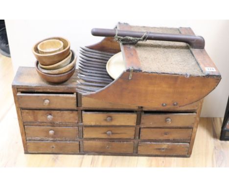 A quantity of mixed treen, including spice drawers, agricultural scoop etc.