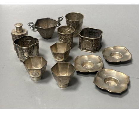 Two Chinese white metal tots, one by Wang Hing and seven other Chinese items including white metal napkin ring and three smal