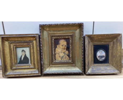 19th century English School, two oils on ivory, Miniature portraits of a girl and gentleman, 5 x 4.5cm and 10 x 7cm, together