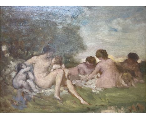English School c.1908, oil on board, 'Sketch for Reynolds Cupids', indistinctly signed, 15 x 20cm