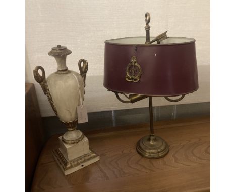 A brass table lamp with toleware shade, height 56cm, together with a parcel gilt painted wood table lamp