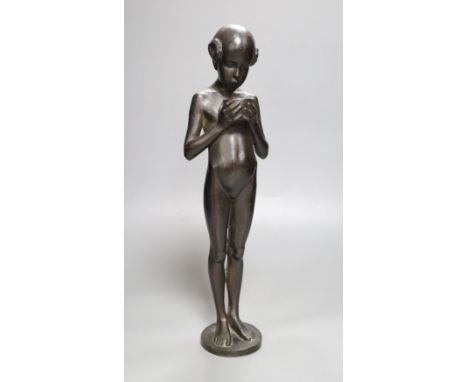 A bronze of a girl with bowl, signed W. Mellor, height 39cm