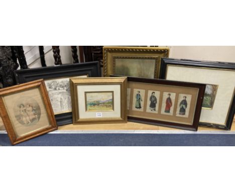 Six assorted paintings and prints including an oil sketch of a cricket match, 15 x 20cm and Chinese gouaches