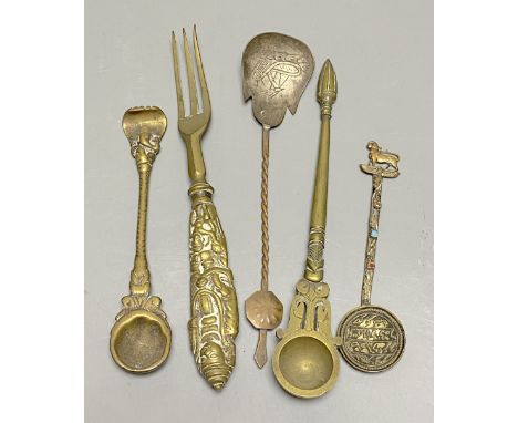 A group of Indian bronze spoons and a forkCONDITION: Provenance - Alfred Theodore Arber-Cooke (c.1910-1993); thence by family