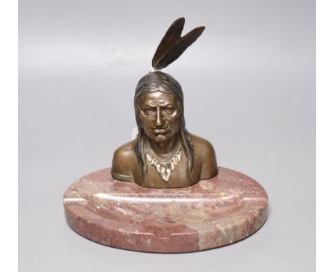 A bronze and marble 'Native American' desk stand, height 19.5cmCONDITION: Part of the cigarette in the side of the American I