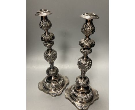 A pair of Edwardian silver 'Sabbath Day' candlesticks, by Rosenzweig &amp; Taitelbaum, London, 1909, 37.5cm, 34oz.CONDITION: 