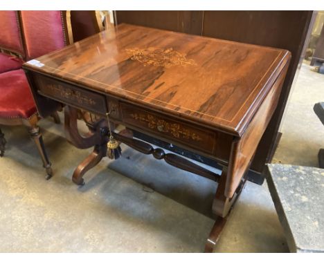 A 19th century French marquetry inlaid rosewood sofa table, width 84cm, depth 60cm, height 77cm