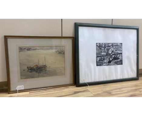 Francis S. Leke, watercolour, Fishing boats at anchor, signed and dated '72, 25 x 36cm, and a linocut by K. Ndzube