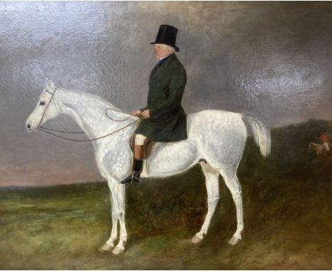 Attributed to Charles Bilger Spalding (1810-1871), oil on canvas, Portrait of Mr W. Wilkinson on horseback, c.1840, faded lab