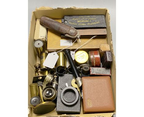 A set of George III brass folding sovereign scales in rosewood case and a collection of microscopy-related items, including a