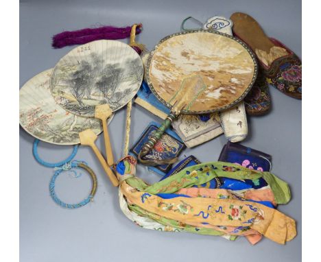 A Chinese ivory handled silk fly whisk, fan cases, fans, beaded shoes etc.CONDITION: Provenance - Alfred Theodore Arber-Cooke